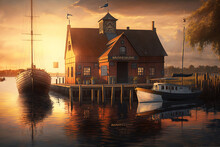 Golden Gateway: Illustration Of A Martine Port At Sunset. AI Generated.