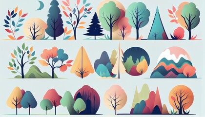 Set of trees and shrubs. collection of natural design elements trees with leaves. generative ai
