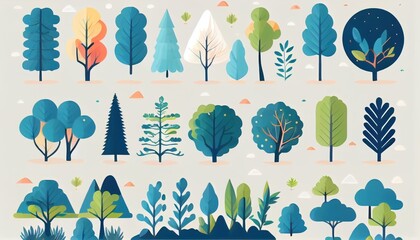 Set of trees and shrubs. collection of natural design elements trees with leaves. generative ai