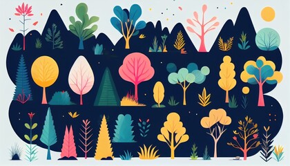 set of trees and shrubs. collection of natural design elements trees with leaves. generative ai