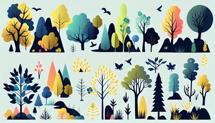 Set of trees and shrubs. collection of natural design elements trees with leaves. generative ai