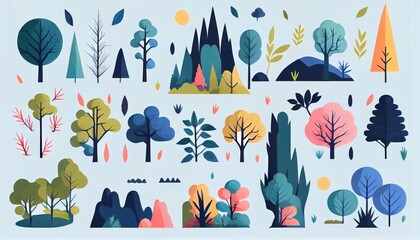 Set of trees and shrubs. collection of natural design elements trees with leaves. generative ai