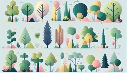Set of trees and shrubs. collection of natural design elements trees with leaves. generative ai