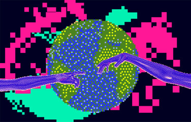 Aufkleber - Two 3D hands going to touch together and the globe on a pixelated glitched background. Concept of communication in web space.