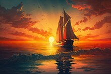 Sunset Sailboat On The Ocean. Generative AI