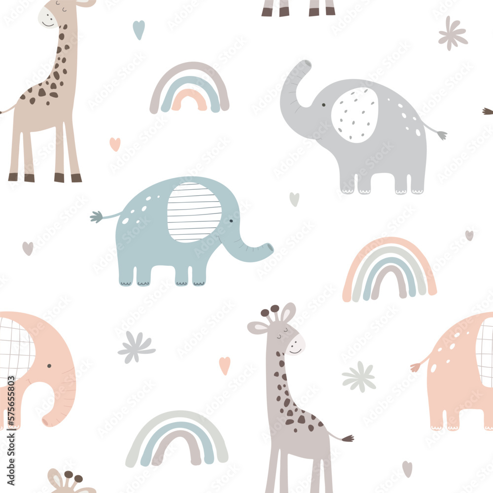 Seamless pattern with cute elephant and giraffe on white background ...