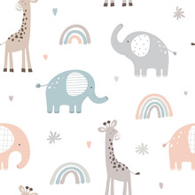 Seamless Pattern With Cute Elephant And Giraffe On White Background. Vector Illustration In Flat Style.