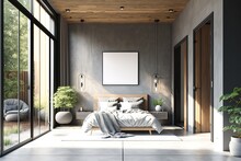 Modern Contemporary Loft Bedroom With Open Door To Garden 3d Render The Rooms Have Concrete Tile Floors, Wooden Plank Ceiling, Decorate With Light Gray Fabric Furniture