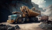  Work Of Trucks And The Excavator In An Open Pit On Gold Mining By Ai Generative