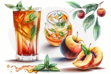 Canvas Print - Iced tea with luscious peaches on a white background; a refreshing drink. Cocktail glasses filled with a delectable peach iced tea Cuba Libre or Long Island iced tea. Fruity drink to cool off with in