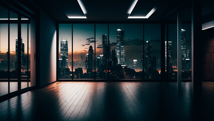 Empty loft unfurnished contemporary interior office with city skyline and buildings city from glass window