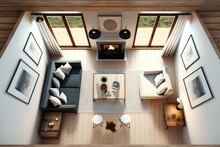 Perspective Looking Down On A Wooden Living Room Furnished With A Sofa, Armchair, Coffee Table, Carpet, And Parquet, And A Window Overlooking The Countryside. Compact And Simple Hotel Rooms