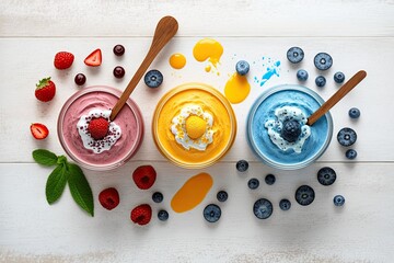 Poster - Juicy fruit smoothies, top view, with room for text, on a white wooden background. Conceptualization of a dietary plan based on a healthy lifestyle or detoxification. Generative AI