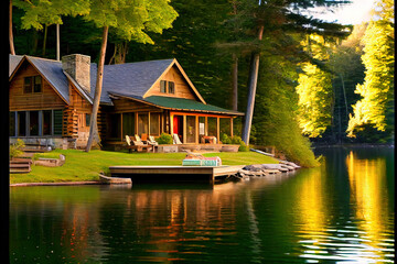 Wall Mural - Wood cabin on the lake - log cabin surrounded by trees, mountains, and water in natural landscapes