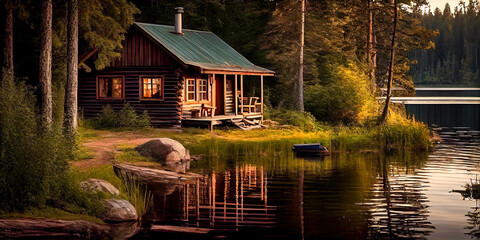 Wall Mural - Wood cabin on the lake - log cabin surrounded by trees, mountains, and water in natural landscapes