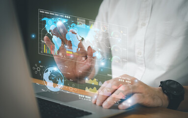 Wall Mural - young entrepreneur using big data analysis and cloud technology to collect customer data and display