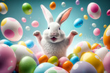 Fototapeta Paryż - Happy Easter Bunny with many colorful easter eggs. Generative AI.