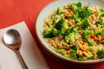 Ayurvedic kitchari vegan with broccoli, carrots and quinoa in a bowl, top view