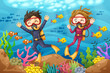 Young man and woman scuba diver dives under the sea