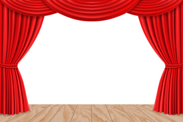 Stage with wooden floor and red curtains for theater or opera scene backdrop, concert grand opening or cinema premiere. Portiere drapes for ceremony performance. Realistic 3d vector design template