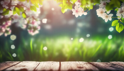 Spring time. Blossoms on wooden table on blurred background of spring garden. Based on Generative AI