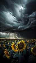 Dramatic Shot Of Stormy Sky Over Blooming Sunflower Field (created With Generative AI)