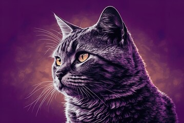 Wall Mural - a beautiful grey cat on a purple backdrop, gazing out towards the horizon Generative AI