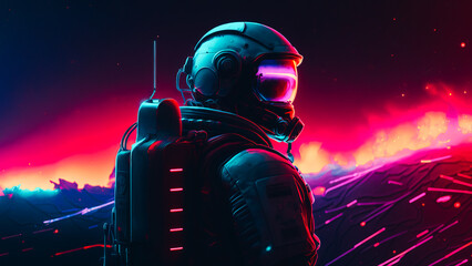 Retrowave style illustration. Futuristic astronaut on neon background