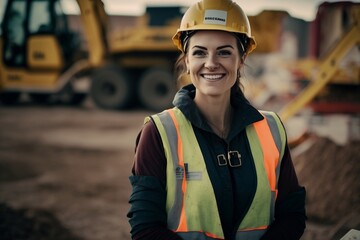 young working trans woman in uniform full body on a construction site. generative AI