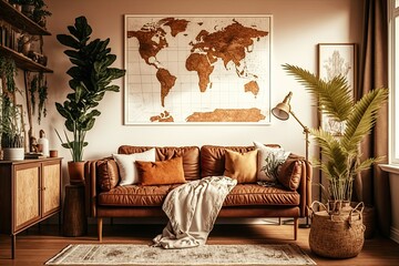 Wall Mural - Inviting living space with a plush velvet sofa, a carpeted floor, brown wooden furniture, potted plants, a mocked up map poster, a book, a lamp, and other decorative accents. Generative AI