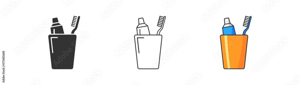 Toothpaste and toothbrush in a glass icon on light background. Dentist ...