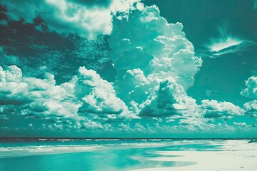 Poster - Lovely tropical beach set against a blue sky and white clouds forms the background of this abstract texture background. The idea of taking business trips during the summer months is copy space. Shades