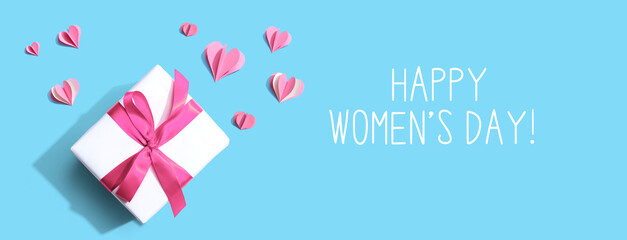 Wall Mural - Happy women's day message with a gift box and paper hearts