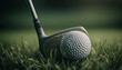 Close up golf ball and club on green grass course background. Sport game outdoor horizontal background. AI generative image.