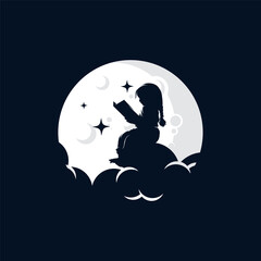 Wall Mural - Vector little girl reading book on moon logo template design