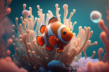 Cute Cartoon Clown Fish and Coral (Created with Generative AI)