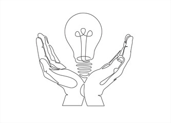 Poster - continuous line drawing of human hands holding light bulb, One line art concept of smart idea innovation. Vector illustration