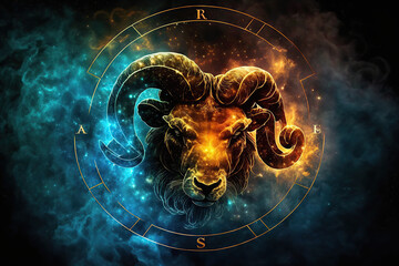 Wall Mural - Aries zodiac sign against space nebula background. Astrology calendar. Esoteric horoscope and fortune telling concept, created with Generative AI