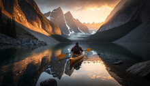 Kayaking In The Valley Between Canyons At The Sunset. Ai Generated Man Canoeing On The River Through The Mountains. Beautiful Reflection In The Water.