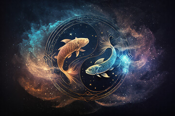 Pisces zodiac sign against space nebula background. Astrology calendar. Esoteric horoscope and fortune telling concept, created with Generative AI