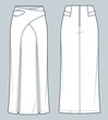 Wrap maxi Skirt technical fashion illustration.  Denim Skirt fashion flat technical drawing template, two front slits, zip-up, front and back view, white, women CAD mockup.