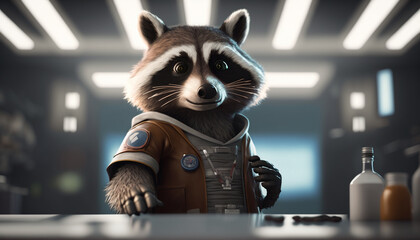  A raccoon in a space suit leans on a bar counter, evoking a scene from a whimsical space adventure.
