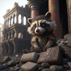 Wall Mural - A pensive raccoon perched on debris, set against the backdrop of a once-grand architectural setting.