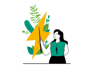 Poster - Green energy concept with character situation. Woman uses alternative and renewable energy sources, protects nature and environment. Illustrations with people scene in flat design for web