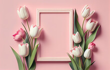 Happy Mothers Day Or International Womens Day. Spring Holiday Design Template With Pink Tulips. Frame Template With Tulips Composition.  Generative Ai.