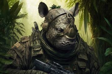 Rhino face commando in jungle. Generative AI