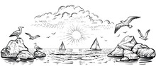 Panoramic Beach View With Seagulls And Boats. Vector Panoramic Illustration Of The Seaside With Waves And Rocks. Black And White Sea Sketch.