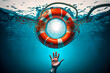 Man drowned under water, hand reaches out from the depths to red life buoy on the surface of the water. The salvation of the drowning is the work of the drowning themselves. Generative AI