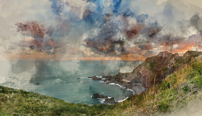 Wall Mural - Digital watercolour painting of Lovely sunrise landscape image of Devon coastline in England with stunning golden hour light on the land and sky