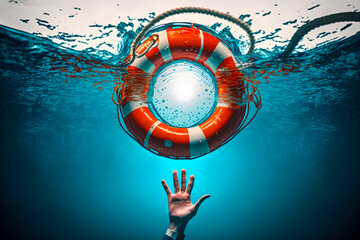 man drowned under water, hand reaches out from the depths to red life buoy on the surface of the wat